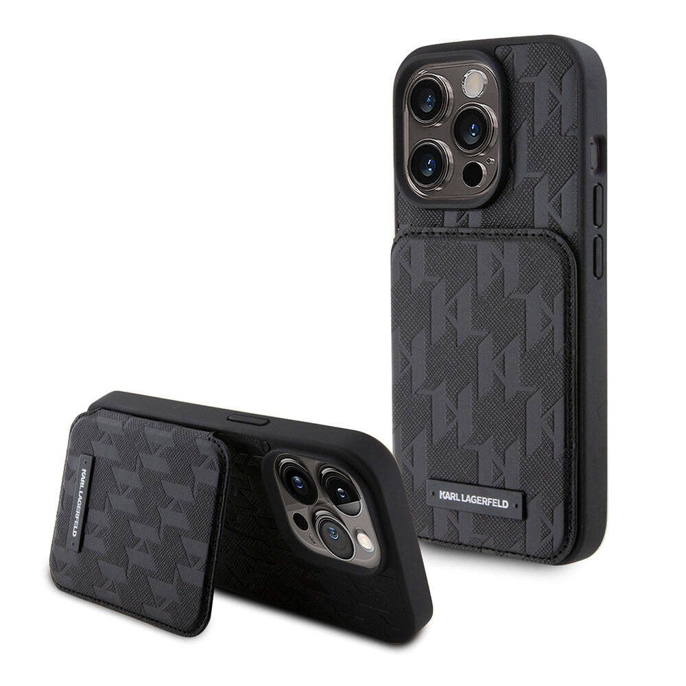 iPhone 15 Pro Max Kılıf Karl Lagerfeld Standlı Kartlıklı Saffiano Monogram Metal Logo Orjinal Lisanslı Kapak