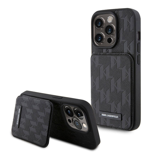 iPhone 15 Pro Max Kılıf Karl Lagerfeld Standlı Kartlıklı Saffiano Monogram Metal Logo Orjinal Lisanslı Kapak