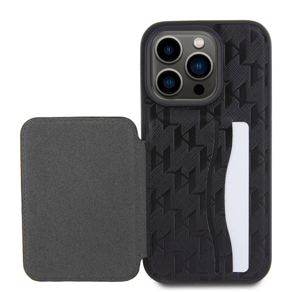 iPhone 15 Pro Max Kılıf Karl Lagerfeld Standlı Kartlıklı Saffiano Monogram Metal Logo Orjinal Lisanslı Kapak