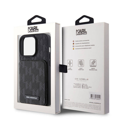 iPhone 15 Pro Max Kılıf Karl Lagerfeld Standlı Kartlıklı Saffiano Monogram Metal Logo Orjinal Lisanslı Kapak