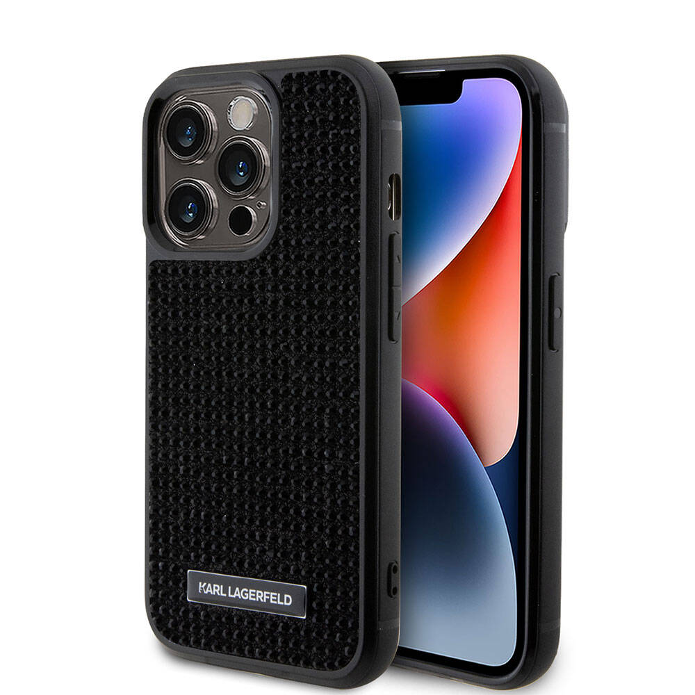 iPhone 15 Pro Max Kılıf Karl Lagerfeld Taşlı Metal Logo Orjinal Lisanslı Kapak