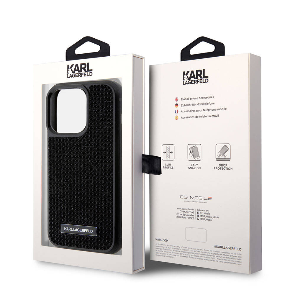 iPhone 15 Pro Max Kılıf Karl Lagerfeld Taşlı Metal Logo Orjinal Lisanslı Kapak