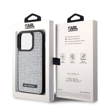iPhone 15 Pro Max Kılıf Karl Lagerfeld Taşlı Metal Logo Orjinal Lisanslı Kapak