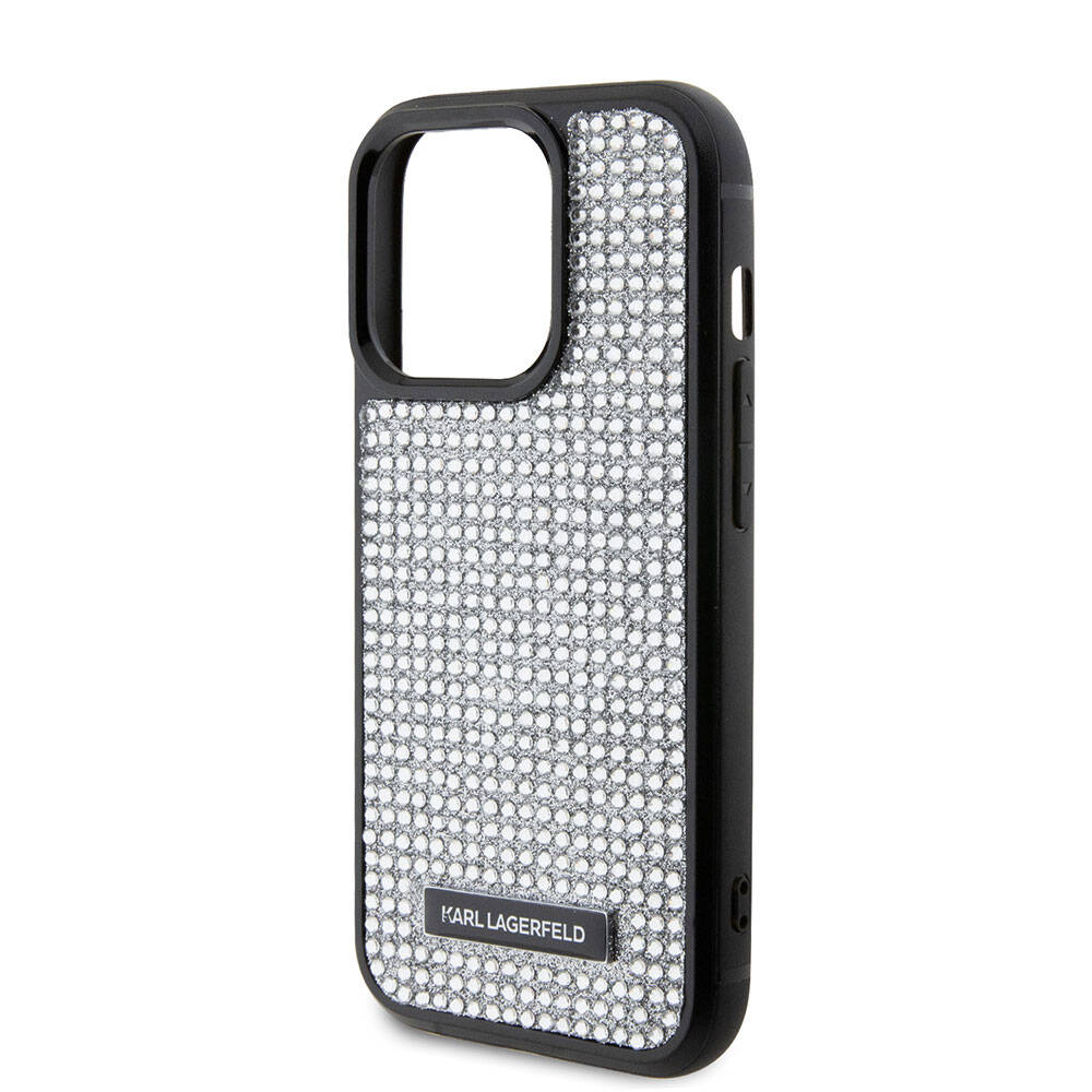 iPhone 15 Pro Max Kılıf Karl Lagerfeld Taşlı Metal Logo Orjinal Lisanslı Kapak