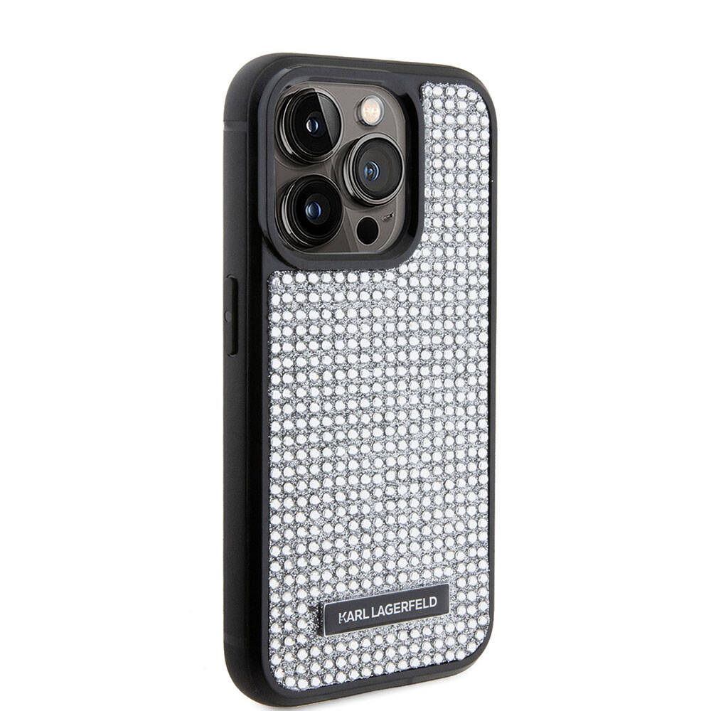 iPhone 15 Pro Max Kılıf Karl Lagerfeld Taşlı Metal Logo Orjinal Lisanslı Kapak