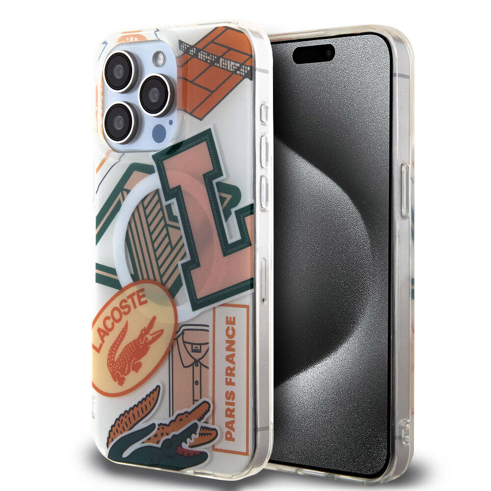 iPhone 15 Pro Max Kılıf Lacoste Orjinal Lisanslı M-safe Şarj Özellikli Çift Katmanlı Yamalar Desenli Kapak