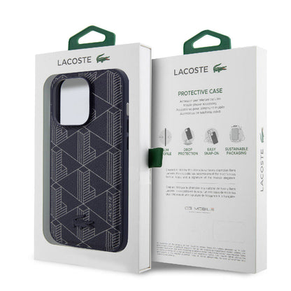iPhone 15 Pro Max Kılıf Lacoste Orjinal Lisanslı M-safe Şarj Özellikli PU Deri Görünümlü Karışık Monogram Desenli Kapak