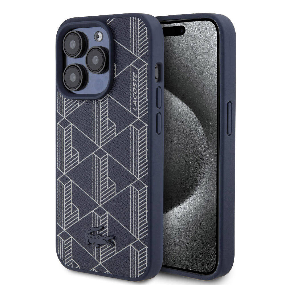 iPhone 15 Pro Max Kılıf Lacoste Orjinal Lisanslı M-safe Şarj Özellikli PU Deri Görünümlü Karışık Monogram Desenli Kapak