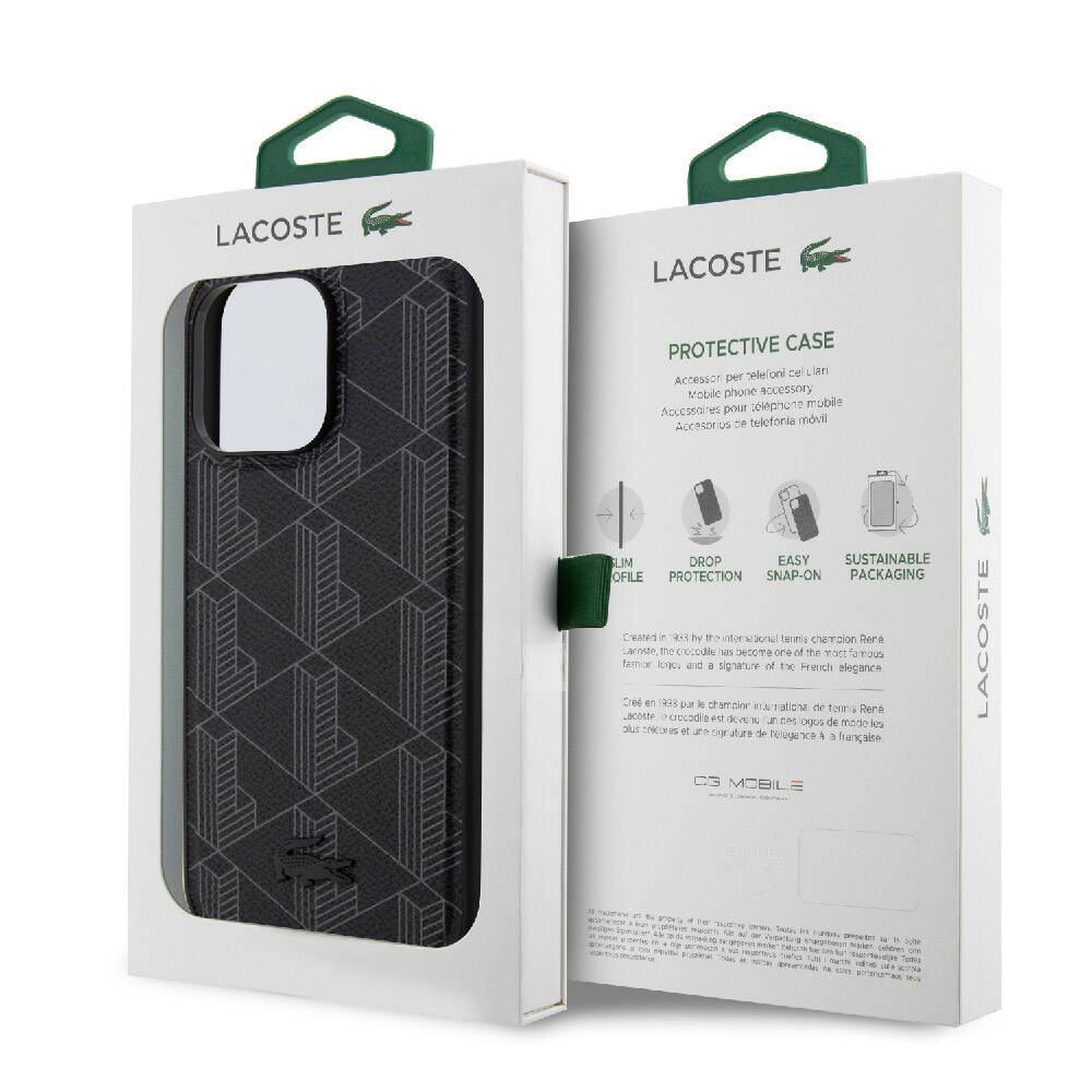 iPhone 15 Pro Max Kılıf Lacoste Orjinal Lisanslı M-safe Şarj Özellikli PU Deri Görünümlü Karışık Monogram Desenli Kapak