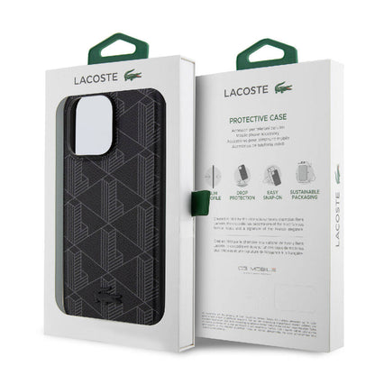 iPhone 15 Pro Max Kılıf Lacoste Orjinal Lisanslı M-safe Şarj Özellikli PU Deri Görünümlü Karışık Monogram Desenli Kapak