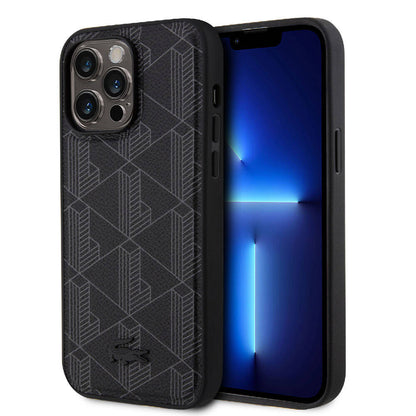 iPhone 15 Pro Max Kılıf Lacoste Orjinal Lisanslı M-safe Şarj Özellikli PU Deri Görünümlü Karışık Monogram Desenli Kapak