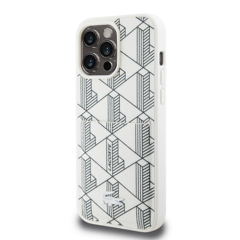 iPhone 15 Pro Max Kılıf Lacoste Orjinal Lisanslı M-safe Şarj Özellikli PU Deri Görünümlü Kartlıklı Karışık Monogram Desenli Kapak