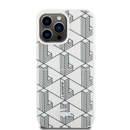 iPhone 15 Pro Max Kılıf Lacoste Orjinal Lisanslı M-safe Şarj Özellikli PU Deri Görünümlü Kartlıklı Karışık Monogram Desenli Kapak