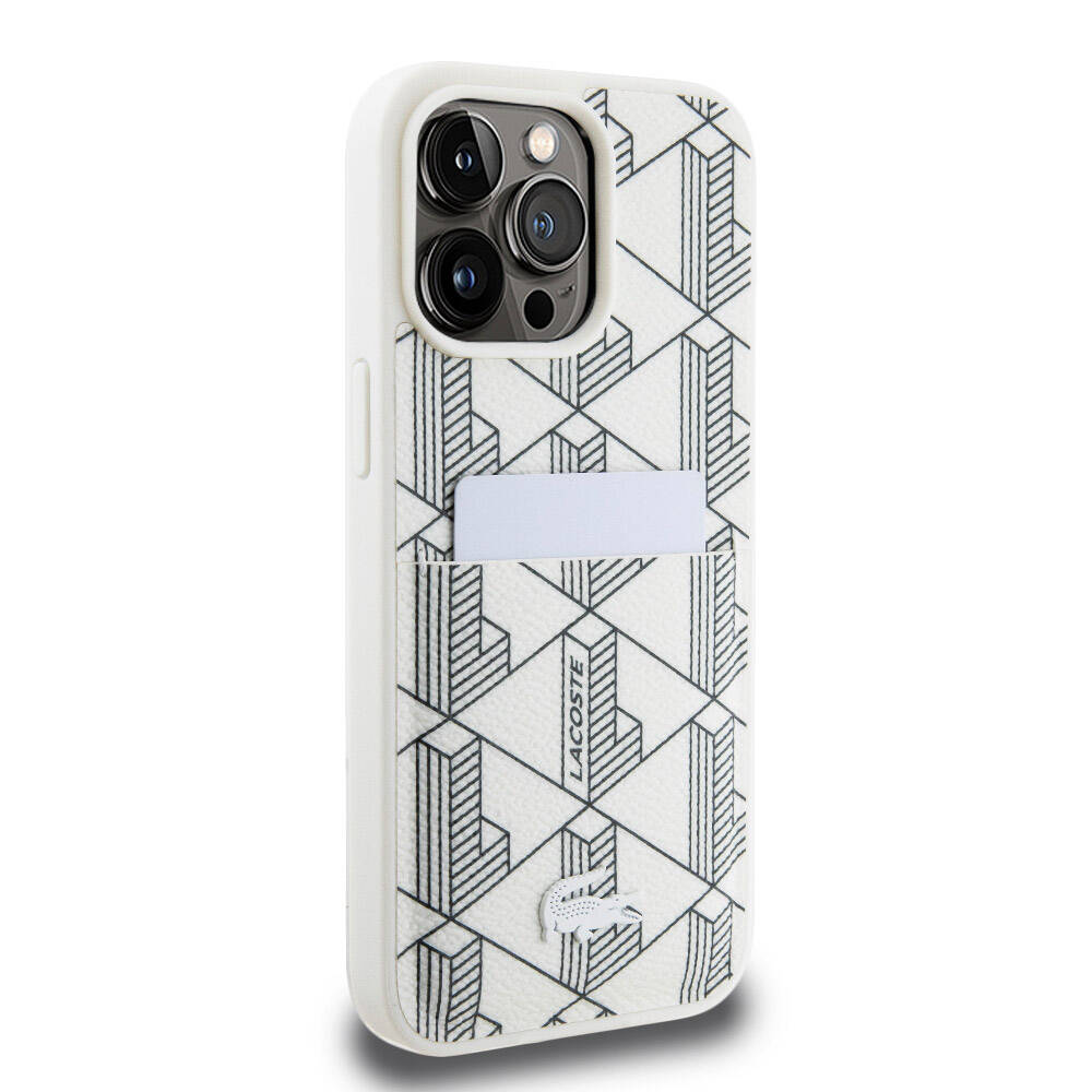 iPhone 15 Pro Max Kılıf Lacoste Orjinal Lisanslı M-safe Şarj Özellikli PU Deri Görünümlü Kartlıklı Karışık Monogram Desenli Kapak