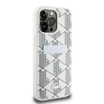 iPhone 15 Pro Max Kılıf Lacoste Orjinal Lisanslı M-safe Şarj Özellikli PU Deri Görünümlü Kartlıklı Karışık Monogram Desenli Kapak