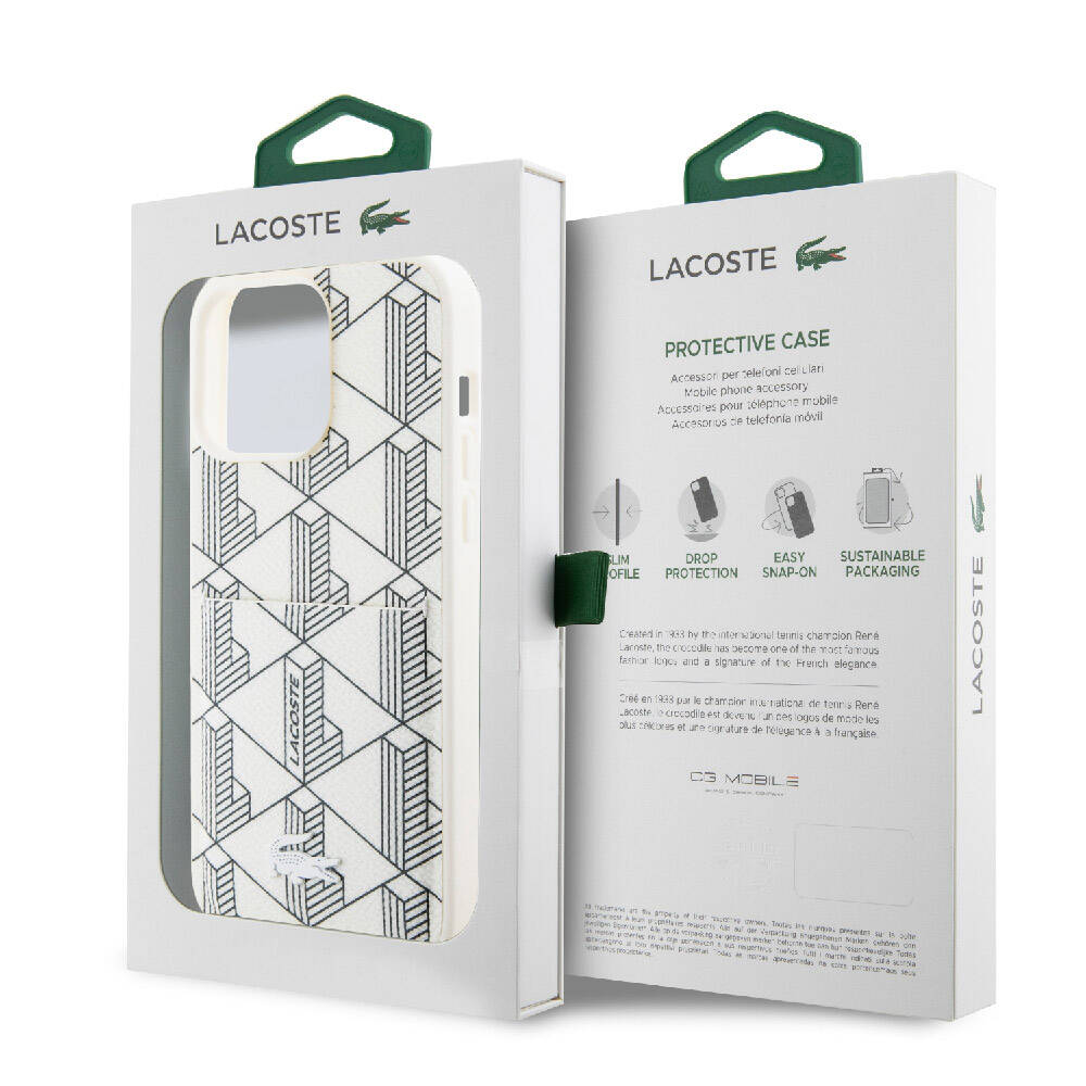 iPhone 15 Pro Max Kılıf Lacoste Orjinal Lisanslı M-safe Şarj Özellikli PU Deri Görünümlü Kartlıklı Karışık Monogram Desenli Kapak