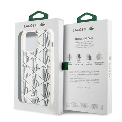 iPhone 15 Pro Max Kılıf Lacoste Orjinal Lisanslı M-safe Şarj Özellikli PU Deri Görünümlü Kartlıklı Karışık Monogram Desenli Kapak