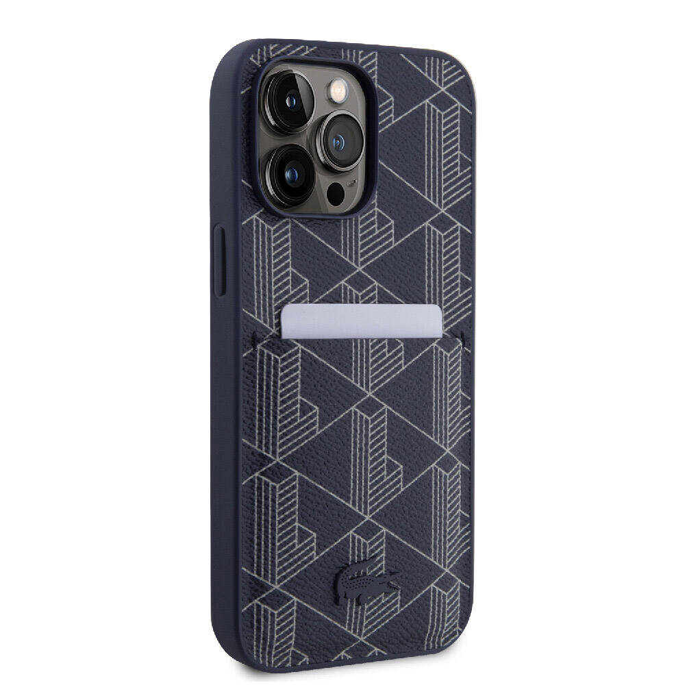 iPhone 15 Pro Max Kılıf Lacoste Orjinal Lisanslı M-safe Şarj Özellikli PU Deri Görünümlü Kartlıklı Karışık Monogram Desenli Kapak