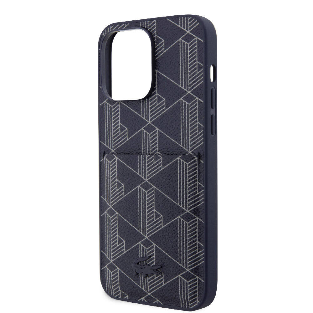 iPhone 15 Pro Max Kılıf Lacoste Orjinal Lisanslı M-safe Şarj Özellikli PU Deri Görünümlü Kartlıklı Karışık Monogram Desenli Kapak