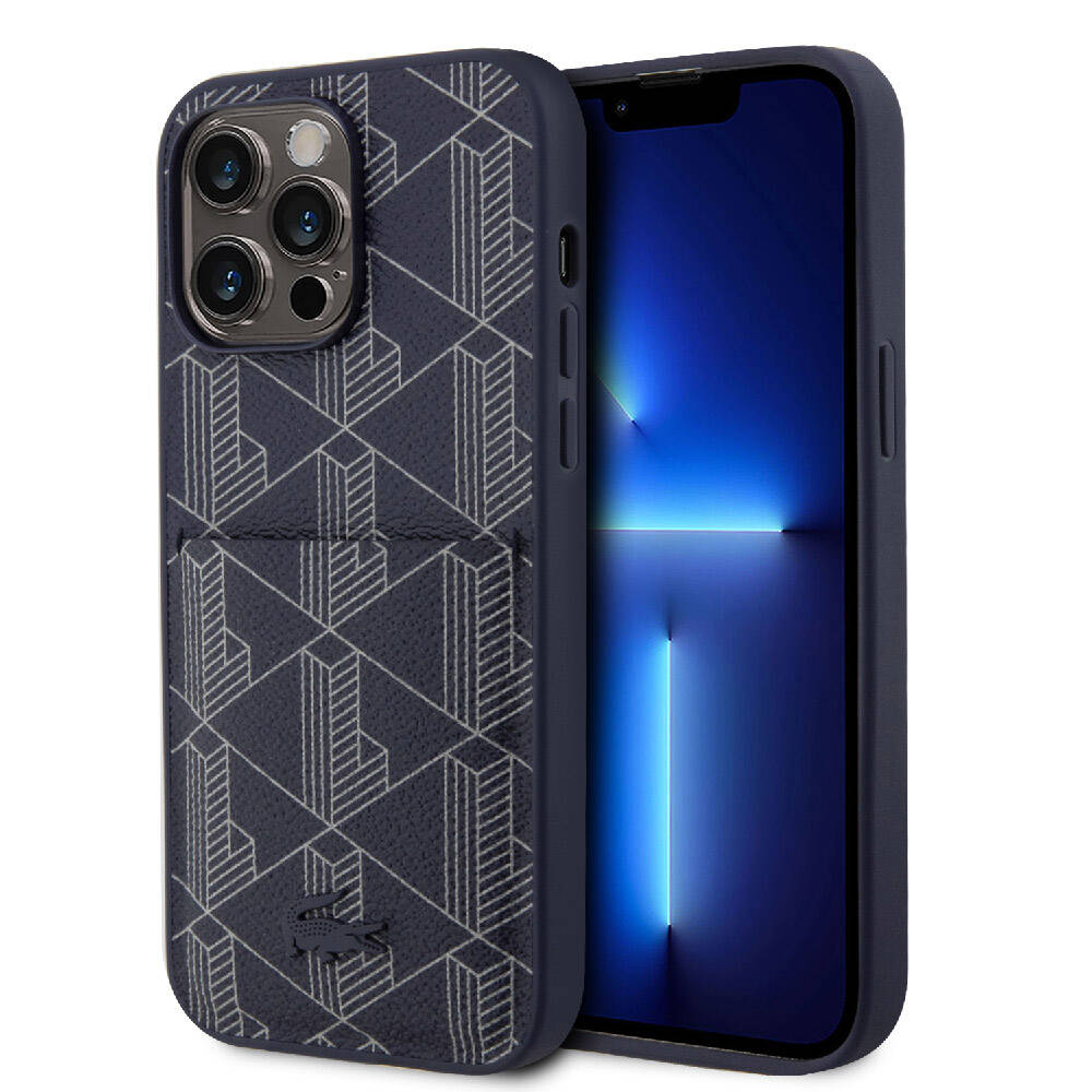 iPhone 15 Pro Max Kılıf Lacoste Orjinal Lisanslı M-safe Şarj Özellikli PU Deri Görünümlü Kartlıklı Karışık Monogram Desenli Kapak