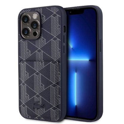 iPhone 15 Pro Max Kılıf Lacoste Orjinal Lisanslı M-safe Şarj Özellikli PU Deri Görünümlü Kartlıklı Karışık Monogram Desenli Kapak