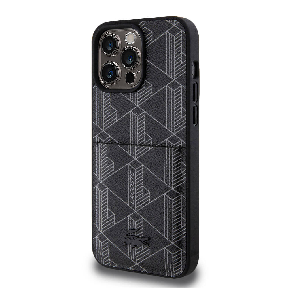 iPhone 15 Pro Max Kılıf Lacoste Orjinal Lisanslı M-safe Şarj Özellikli PU Deri Görünümlü Kartlıklı Karışık Monogram Desenli Kapak