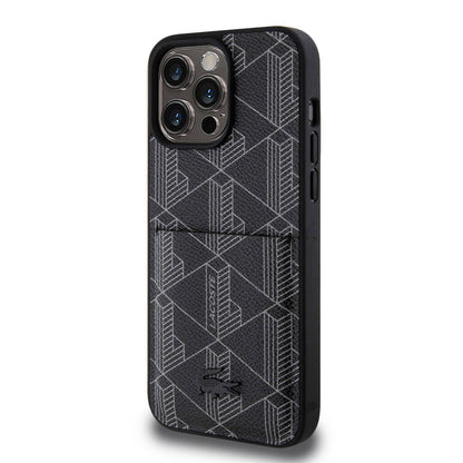 iPhone 15 Pro Max Kılıf Lacoste Orjinal Lisanslı M-safe Şarj Özellikli PU Deri Görünümlü Kartlıklı Karışık Monogram Desenli Kapak