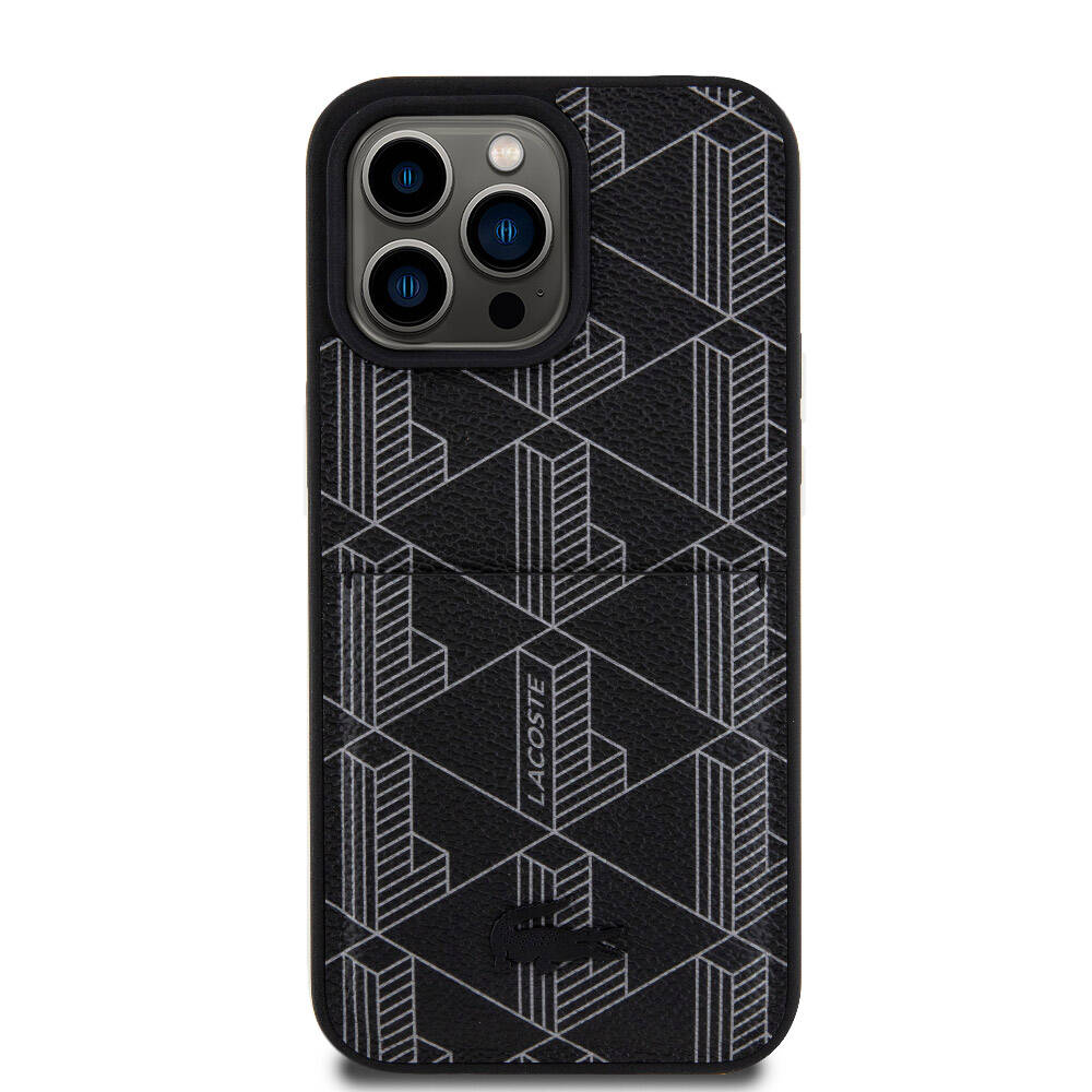 iPhone 15 Pro Max Kılıf Lacoste Orjinal Lisanslı M-safe Şarj Özellikli PU Deri Görünümlü Kartlıklı Karışık Monogram Desenli Kapak