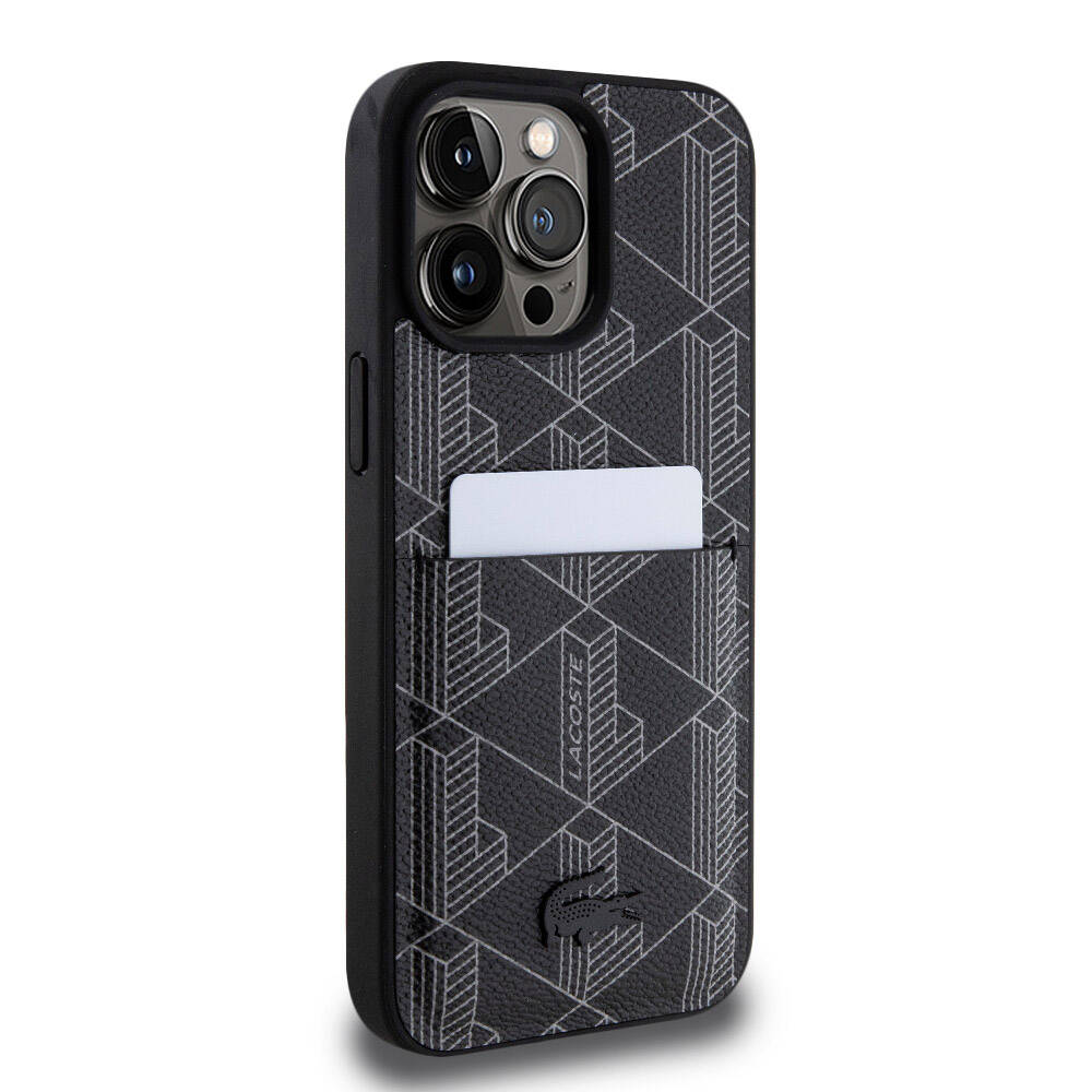 iPhone 15 Pro Max Kılıf Lacoste Orjinal Lisanslı M-safe Şarj Özellikli PU Deri Görünümlü Kartlıklı Karışık Monogram Desenli Kapak