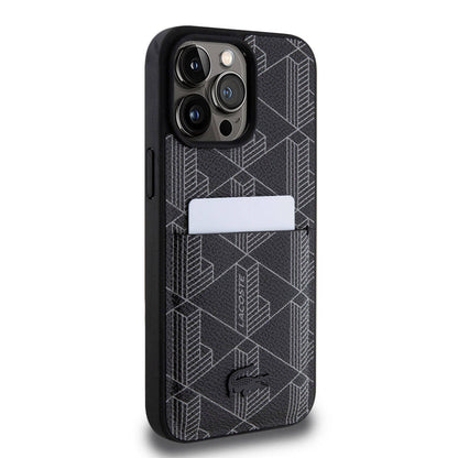 iPhone 15 Pro Max Kılıf Lacoste Orjinal Lisanslı M-safe Şarj Özellikli PU Deri Görünümlü Kartlıklı Karışık Monogram Desenli Kapak