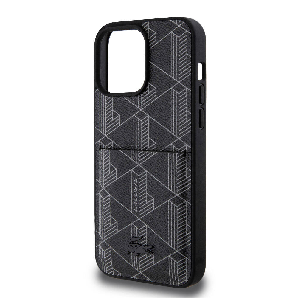iPhone 15 Pro Max Kılıf Lacoste Orjinal Lisanslı M-safe Şarj Özellikli PU Deri Görünümlü Kartlıklı Karışık Monogram Desenli Kapak