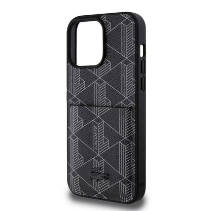 iPhone 15 Pro Max Kılıf Lacoste Orjinal Lisanslı M-safe Şarj Özellikli PU Deri Görünümlü Kartlıklı Karışık Monogram Desenli Kapak