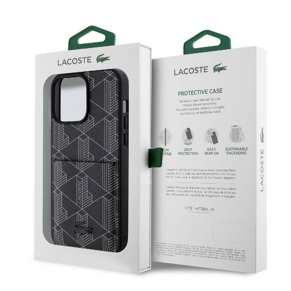 iPhone 15 Pro Max Kılıf Lacoste Orjinal Lisanslı M-safe Şarj Özellikli PU Deri Görünümlü Kartlıklı Karışık Monogram Desenli Kapak