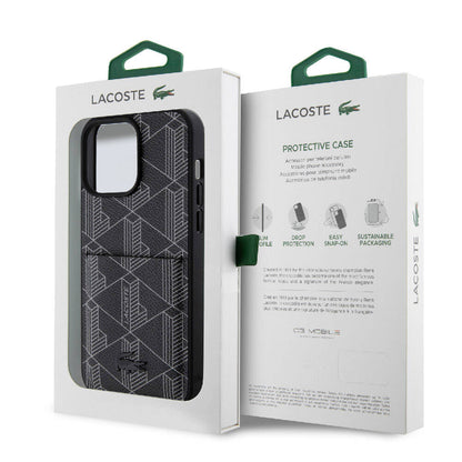 iPhone 15 Pro Max Kılıf Lacoste Orjinal Lisanslı M-safe Şarj Özellikli PU Deri Görünümlü Kartlıklı Karışık Monogram Desenli Kapak