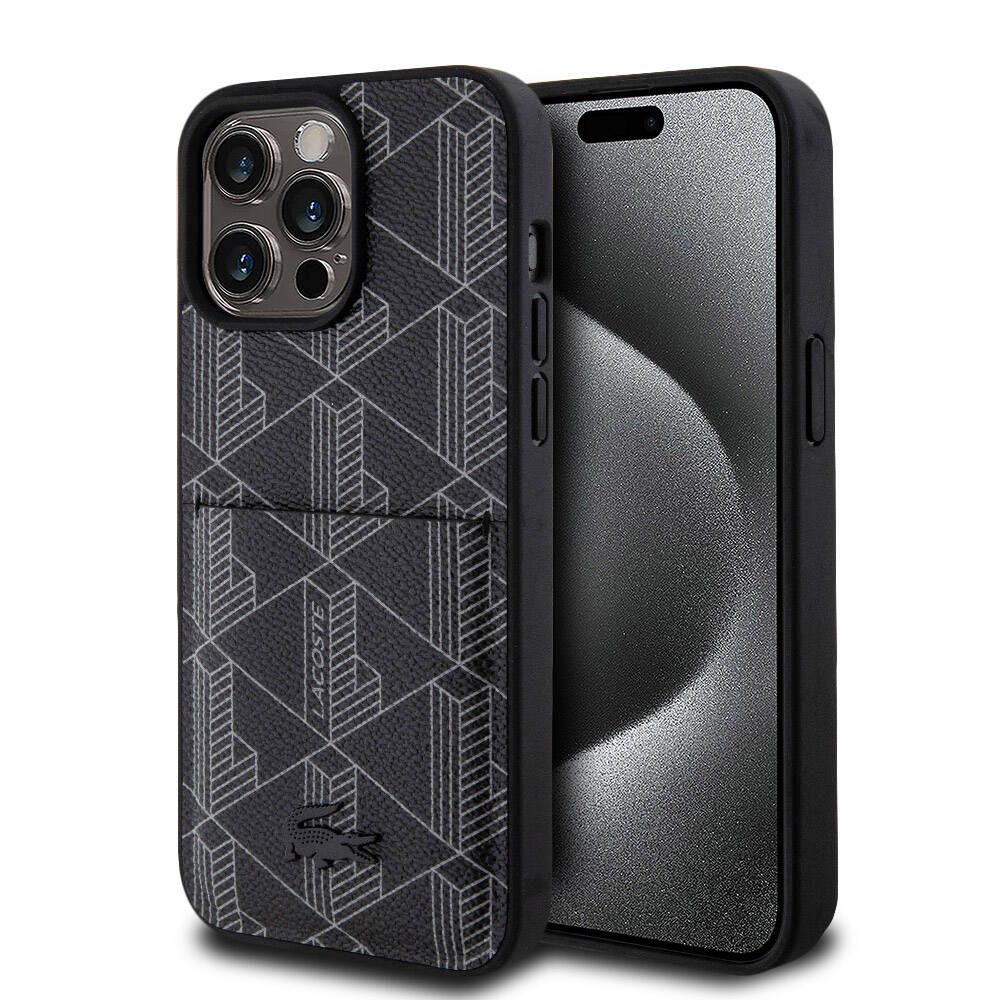 iPhone 15 Pro Max Kılıf Lacoste Orjinal Lisanslı M-safe Şarj Özellikli PU Deri Görünümlü Kartlıklı Karışık Monogram Desenli Kapak