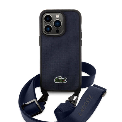 iPhone 15 Pro Max Kılıf Lacoste Orjinal Lisanslı PU Pike Desenli Arka Yüzey Askılı İkonik Timsah Dokuma Logolu Kapak