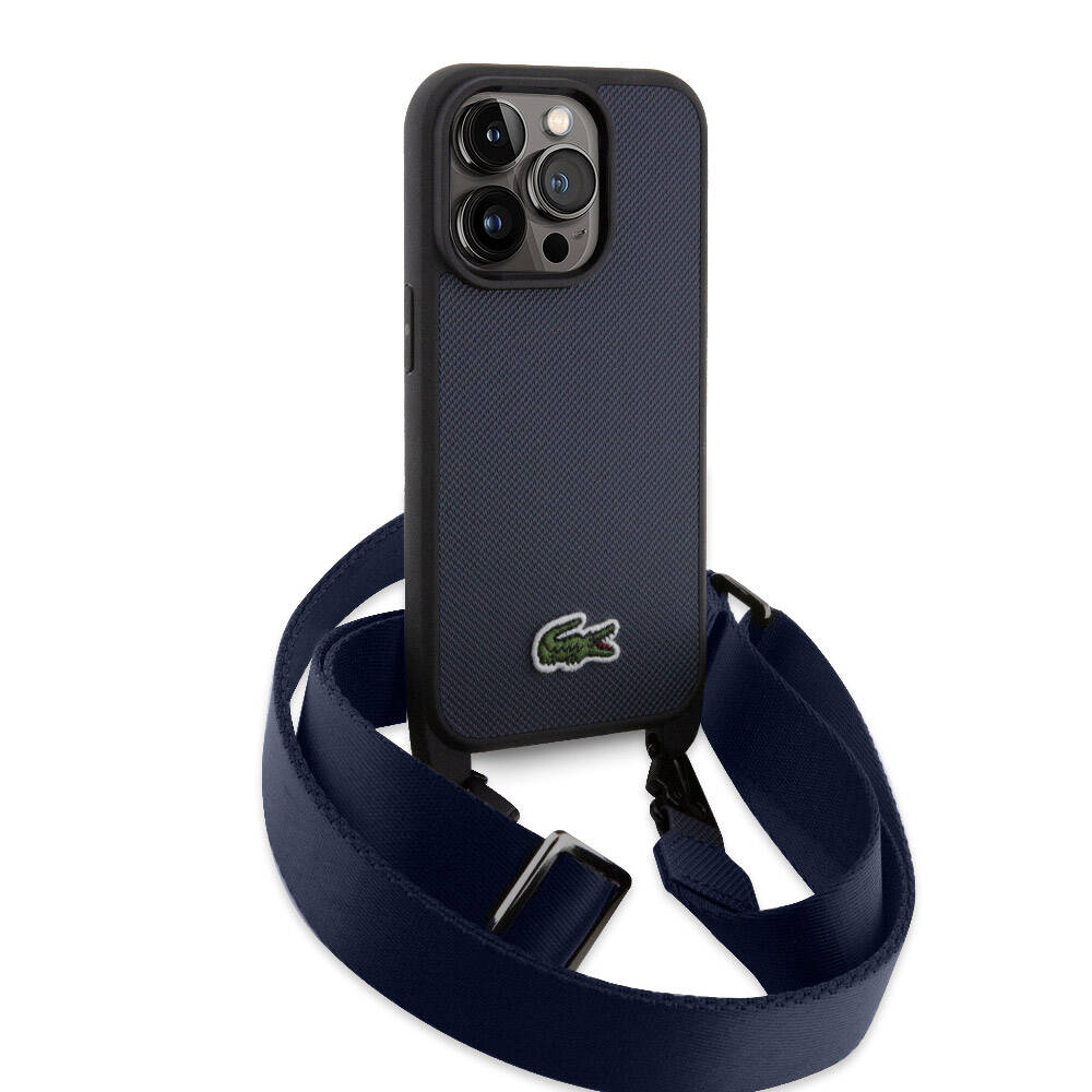 iPhone 15 Pro Max Kılıf Lacoste Orjinal Lisanslı PU Pike Desenli Arka Yüzey Askılı İkonik Timsah Dokuma Logolu Kapak