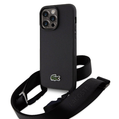 iPhone 15 Pro Max Kılıf Lacoste Orjinal Lisanslı PU Pike Desenli Arka Yüzey Askılı İkonik Timsah Dokuma Logolu Kapak