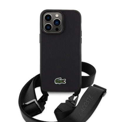 iPhone 15 Pro Max Kılıf Lacoste Orjinal Lisanslı PU Pike Desenli Arka Yüzey Askılı İkonik Timsah Dokuma Logolu Kapak