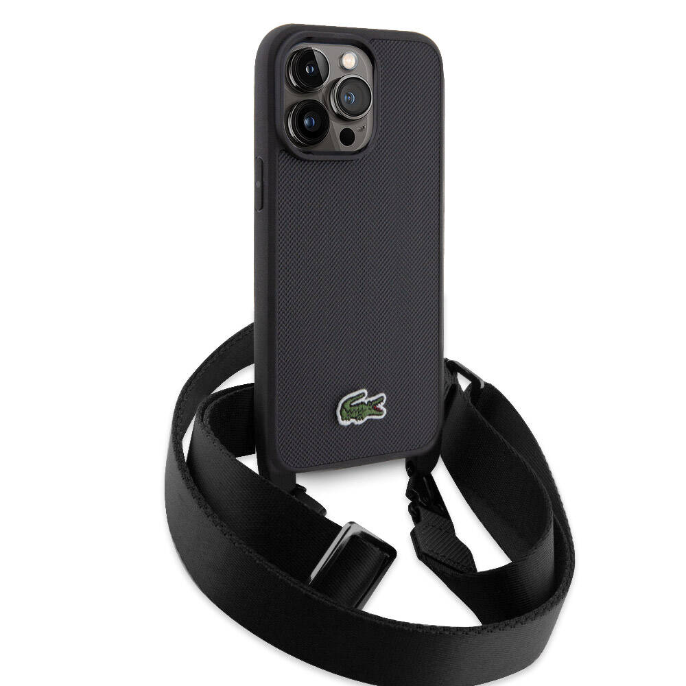 iPhone 15 Pro Max Kılıf Lacoste Orjinal Lisanslı PU Pike Desenli Arka Yüzey Askılı İkonik Timsah Dokuma Logolu Kapak