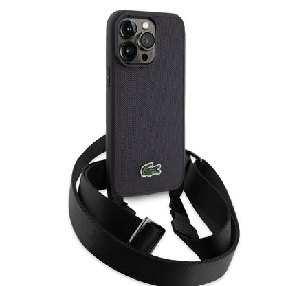 iPhone 15 Pro Max Kılıf Lacoste Orjinal Lisanslı PU Pike Desenli Arka Yüzey Askılı İkonik Timsah Dokuma Logolu Kapak