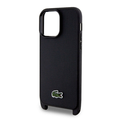 iPhone 15 Pro Max Kılıf Lacoste Orjinal Lisanslı PU Pike Desenli Arka Yüzey Askılı İkonik Timsah Dokuma Logolu Kapak