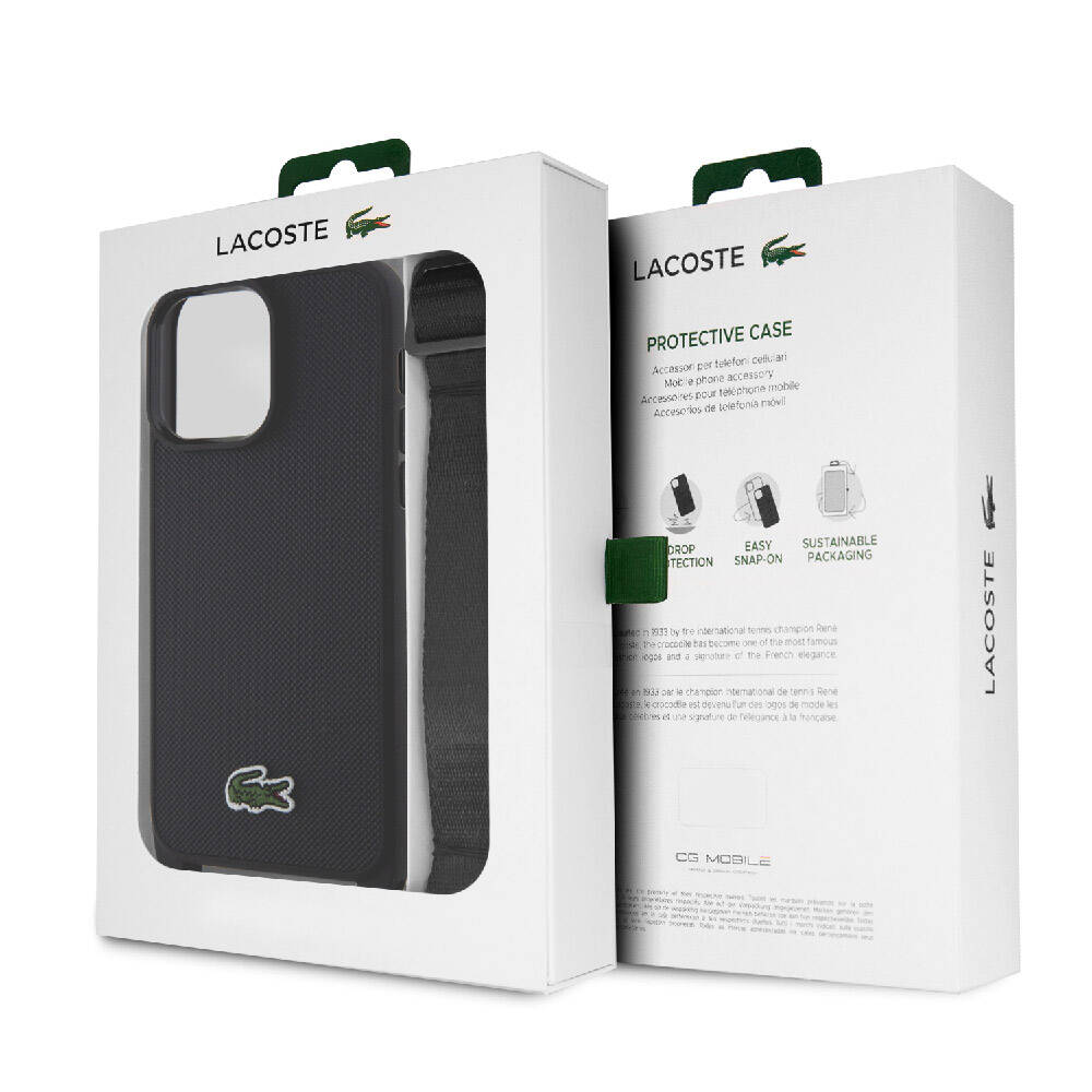 iPhone 15 Pro Max Kılıf Lacoste Orjinal Lisanslı PU Pike Desenli Arka Yüzey Askılı İkonik Timsah Dokuma Logolu Kapak