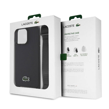 iPhone 15 Pro Max Kılıf Lacoste Orjinal Lisanslı PU Pike Desenli Arka Yüzey Askılı İkonik Timsah Dokuma Logolu Kapak