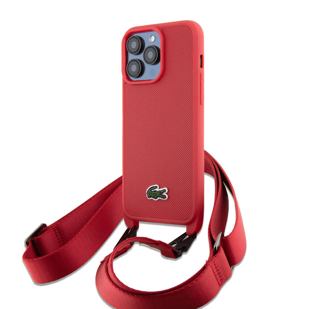 iPhone 15 Pro Max Kılıf Lacoste Orjinal Lisanslı PU Pike Desenli Arka Yüzey Askılı İkonik Timsah Dokuma Logolu Kapak