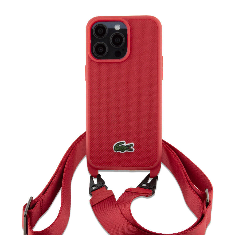 iPhone 15 Pro Max Kılıf Lacoste Orjinal Lisanslı PU Pike Desenli Arka Yüzey Askılı İkonik Timsah Dokuma Logolu Kapak