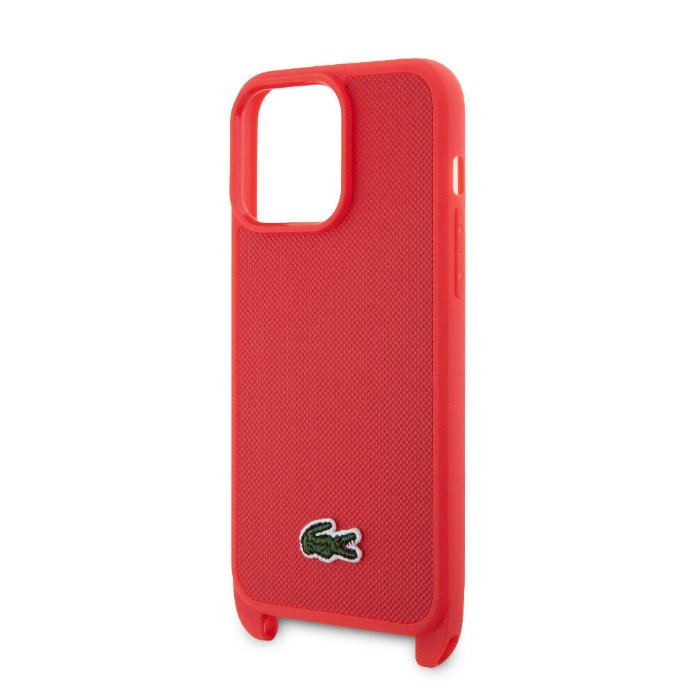 iPhone 15 Pro Max Kılıf Lacoste Orjinal Lisanslı PU Pike Desenli Arka Yüzey Askılı İkonik Timsah Dokuma Logolu Kapak