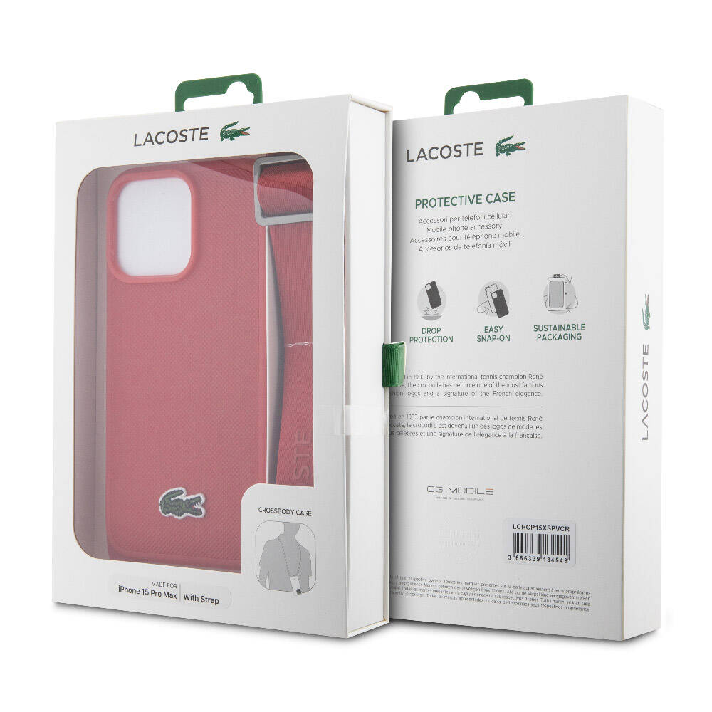 iPhone 15 Pro Max Kılıf Lacoste Orjinal Lisanslı PU Pike Desenli Arka Yüzey Askılı İkonik Timsah Dokuma Logolu Kapak
