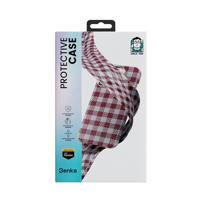 iPhone 15 Pro Max Kılıf M-safe Şarj Özellikli Ekose Tasarımlı Benks ArmorVichy Kevlar Kapak