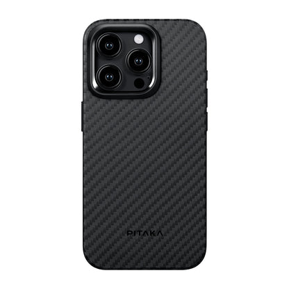 iPhone 15 Pro Max Kılıf M-safe Şarj Özellikli 1500D Aramid Fiber Pitaka Military-Grade Classic Serisi Black-Grey Twill Kapak